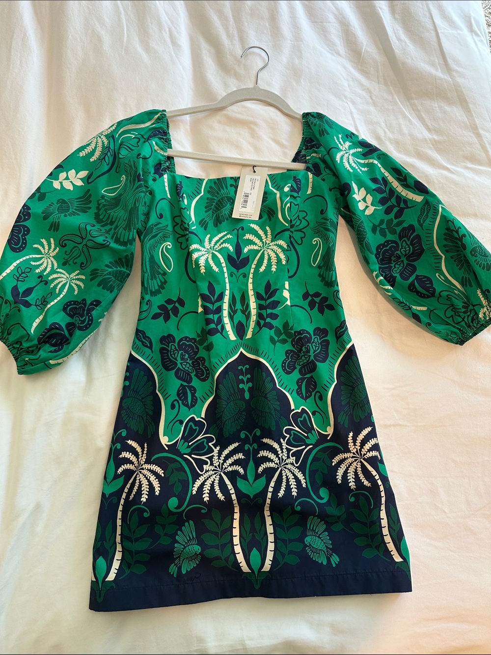 Cara Cara Green and Navy Printed Puff-Sleeve Mini Dress